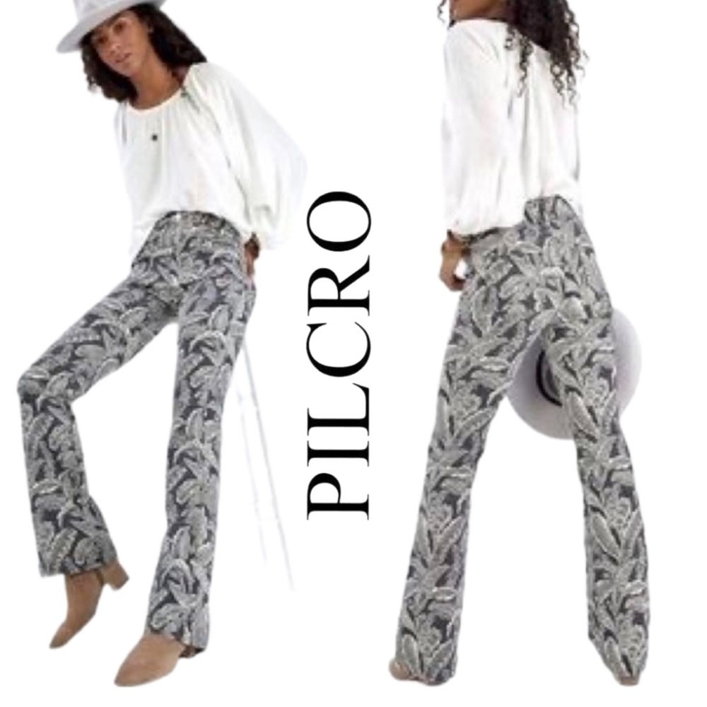 Pilcro Monochrome Leaf Print Flare Pants